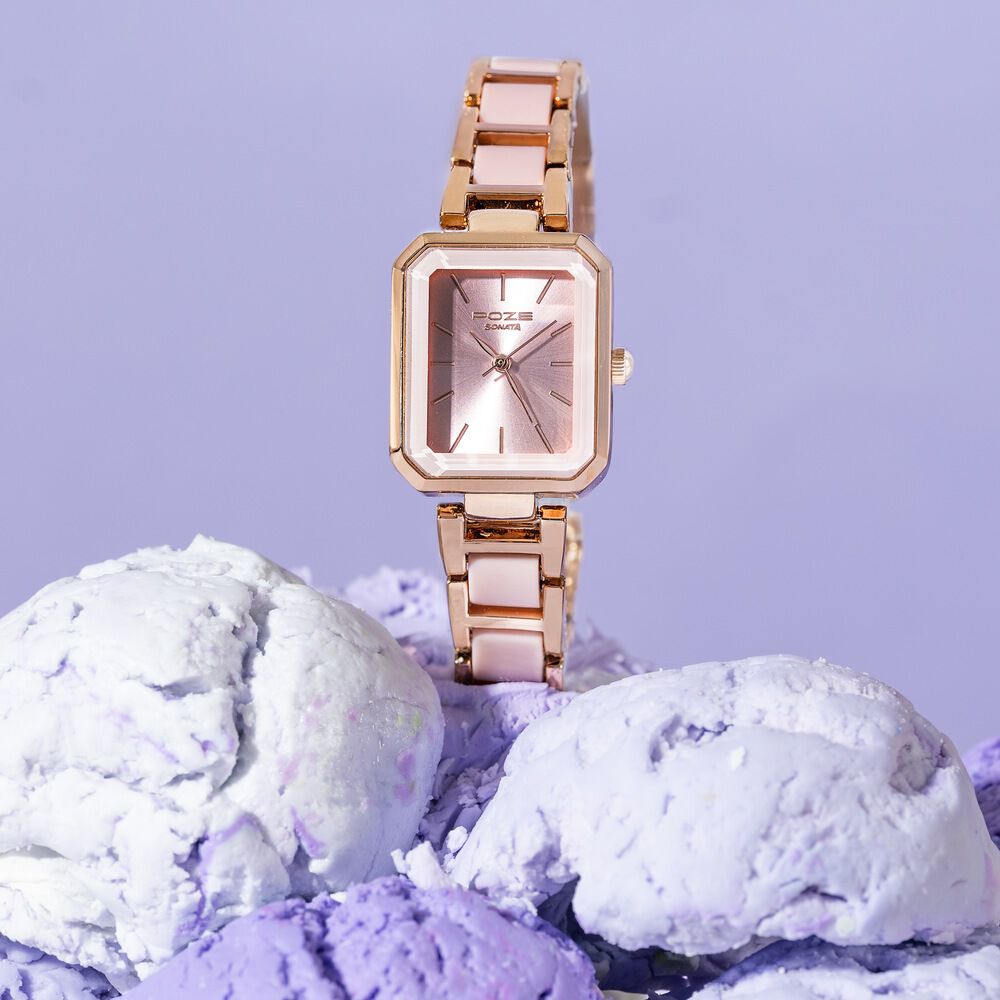Sonata Poze Quartz Analog Pink Dial Two Toned Metal & Plastic Strap Watch For Women