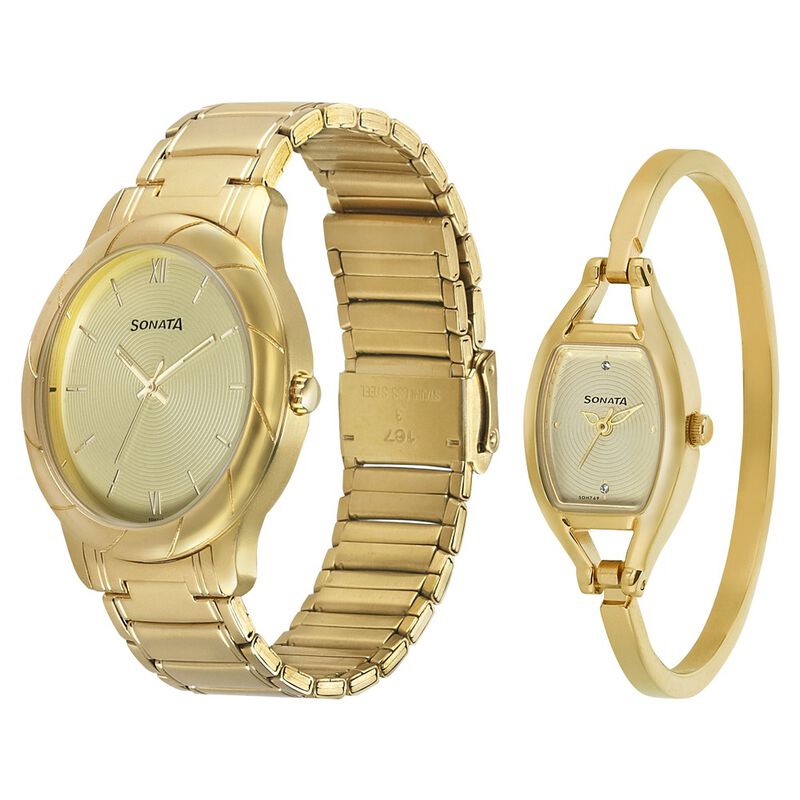 Sonata Quartz Analog Beige Dial Stainless Steel Strap Watch for Couple
