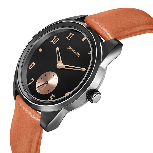 Sonata Women of Steel Black Dial Leather Strap Watch for Women - image number 2