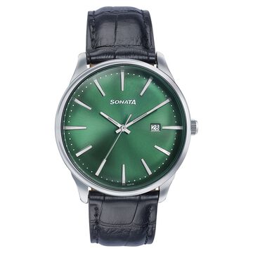Sonata Wedding Edit Quartz Analog with Date Green Dial Leather Strap Watch For Men