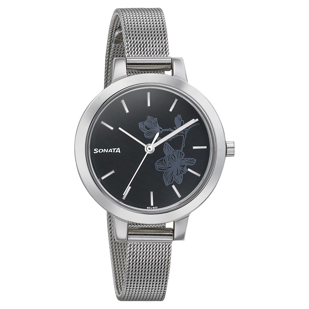 Buy Online Sonata Silver Lining Black Dial Women Watch With Stainless Steel Strap 8141sm09 p Sonata