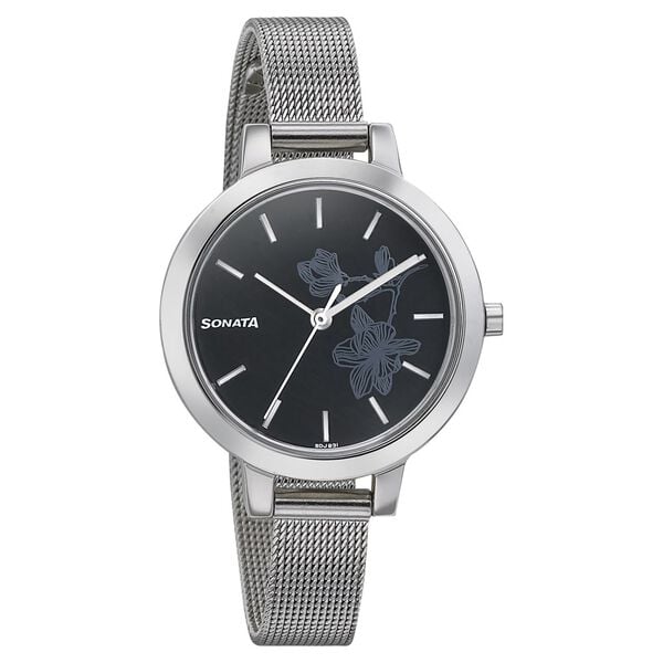 Sonata Silver Lining Black Dial Women Watch With Stainless Steel Strap - image number 0