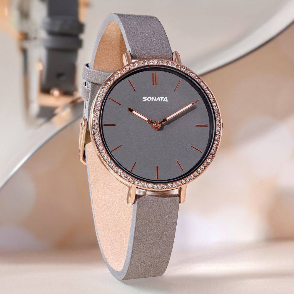 Buy Online Sonata Quartz Analog Grey Dial Grey Leather Strap Watch For Women 87070wl01 Sonata