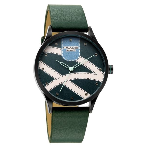 Poze By Sonata Quartz Analog Green Dial Green Leather Strap Watch For Men - image number 1