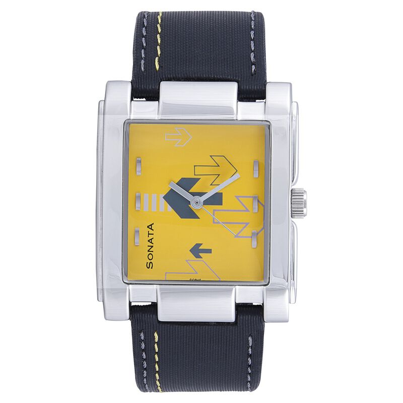 Sonata Quartz Analog Yellow Dial Leather Strap Watch for Men