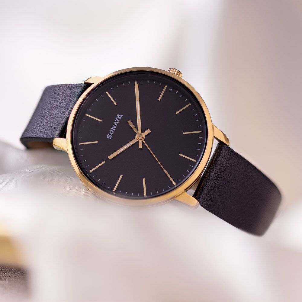 Sonata black leather watch outlet