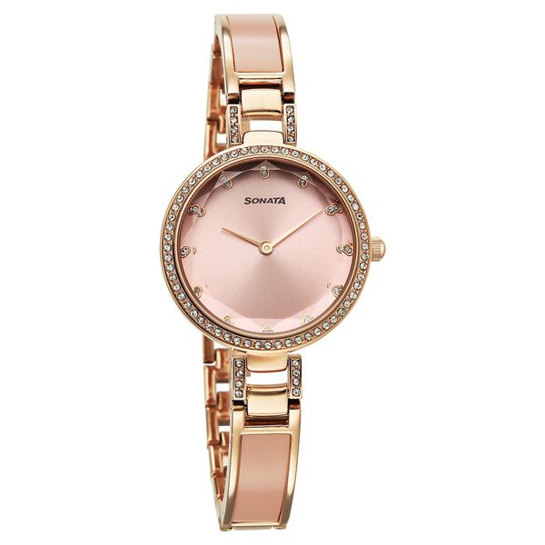 Sonata Aura Quartz Analog Pink Dial Rose Gold Stainless Steel Strap Watch For Women - image number 0