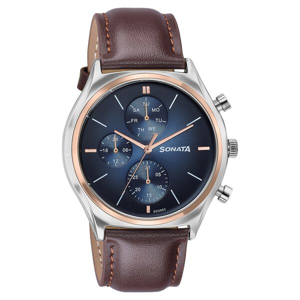 Sonata Festive Quartz Multifunction Blue Dial Brown Leather Strap Watch For Men - image number 1