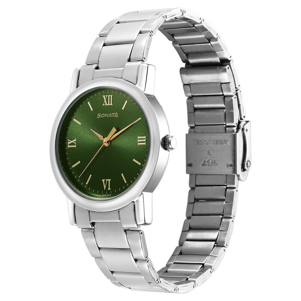 Sonata Classic Quartz Analog Green Dial Silver Stainless Steel