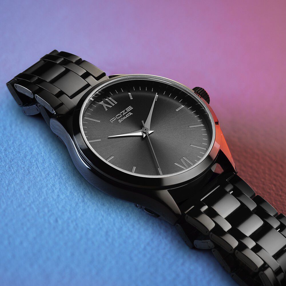 Buy Online Sonata Poze Quartz Analog Black Dial Metal Strap Watch for Men sp70028nm01w p Sonata