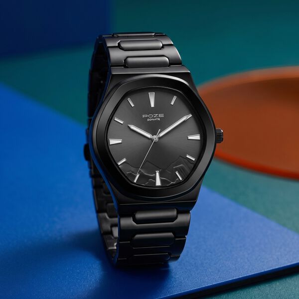 Poze By Sonata Quartz Analog Black Dial Black Metal Strap Watch For Men - image number 0