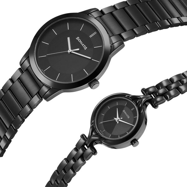 Sonata Quartz Analog Black Dial Stainless Steel Strap Watch for Couple - image number 2