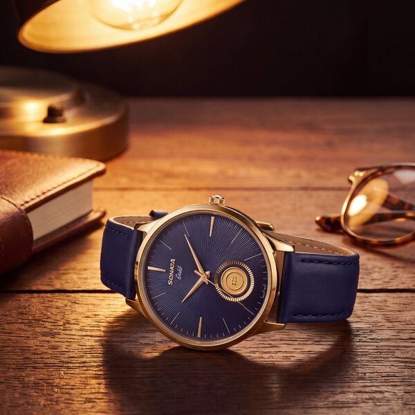 Sonata Gold Blue Dial Leather Strap Watch for Men with 22K Tanishq Gold Coin - image number 0