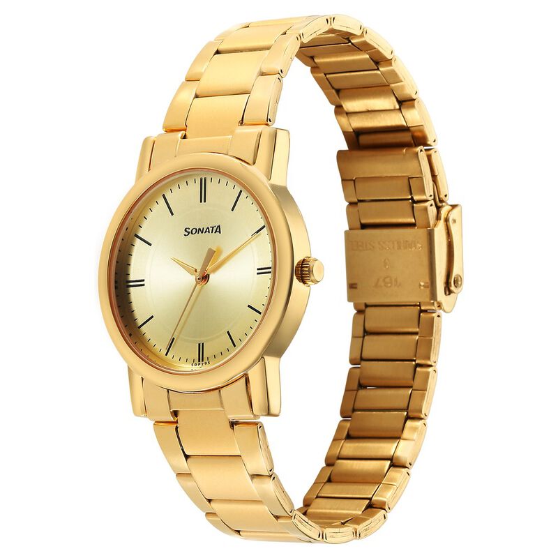 Sonata Classic Quartz Analog Champagne Dial Golden Stainless Steel Strap Watch for Men - image number 1