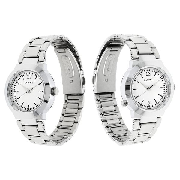 Sonata Act Safety Watch White Dial Women Watch With Stainless Steel Strap - image number 1