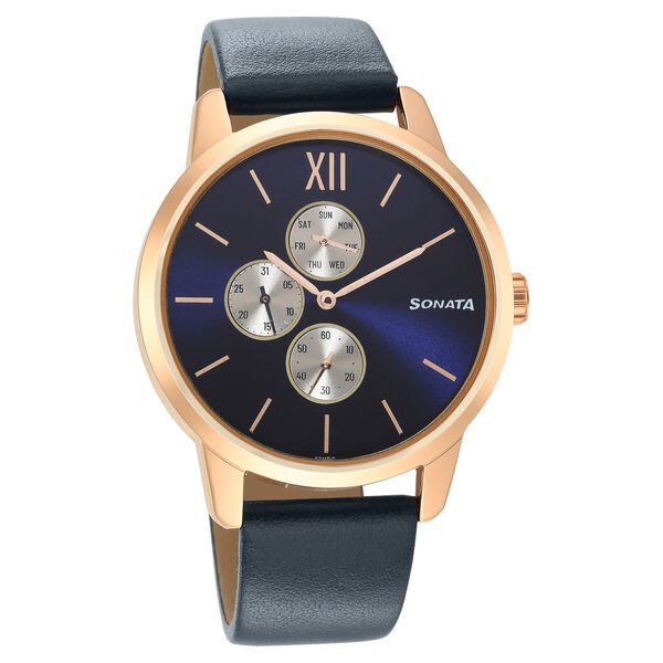 Sonata Quartz Multifunction Blue Dial Leather Strap Watch for Men - image number 0