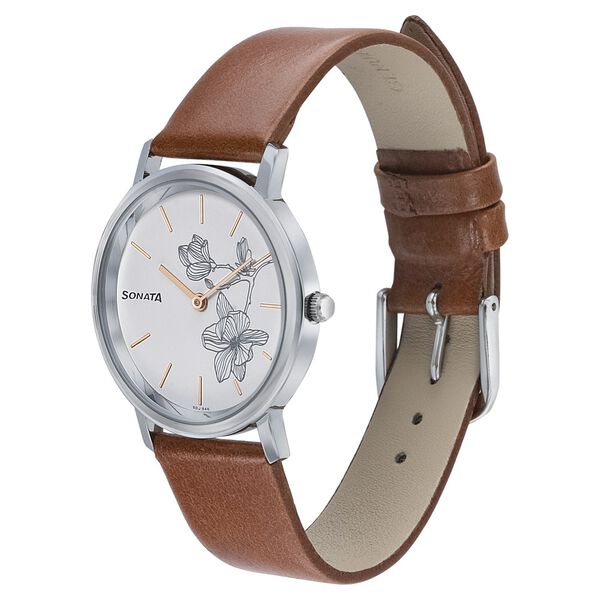 Sonata Silver Lining White Dial Women Watch With Leather Strap - image number 1