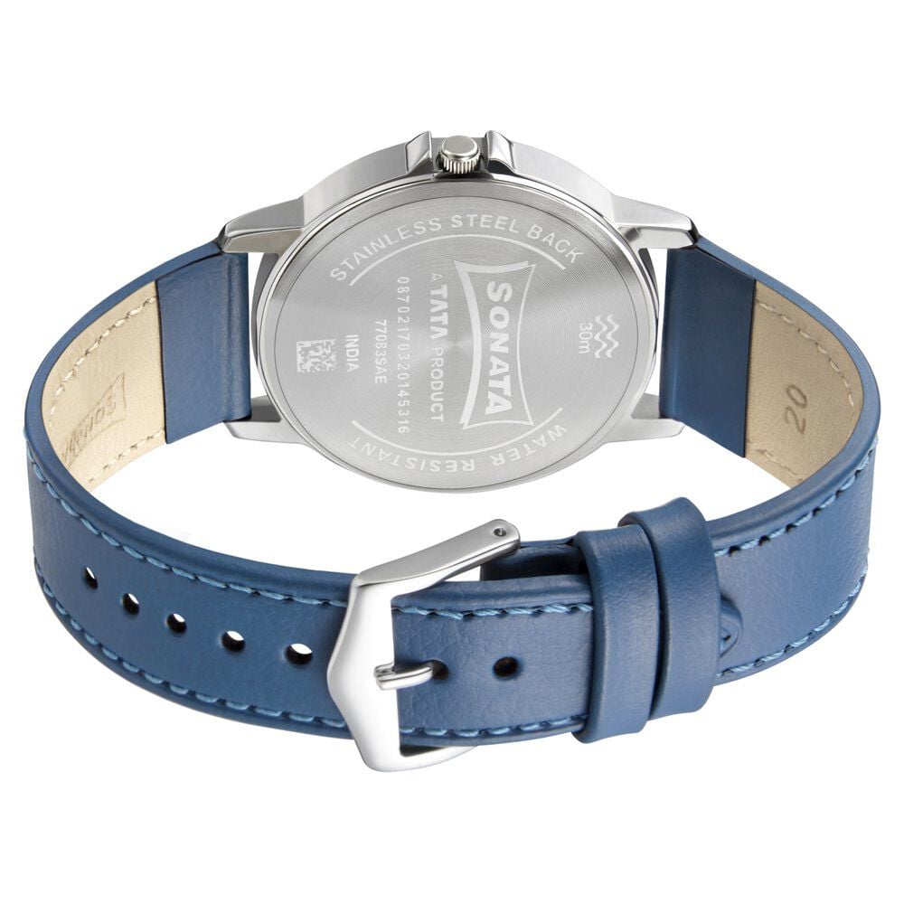 Sonata Quartz Analog Blue Dial Leather Strap Watch for Men