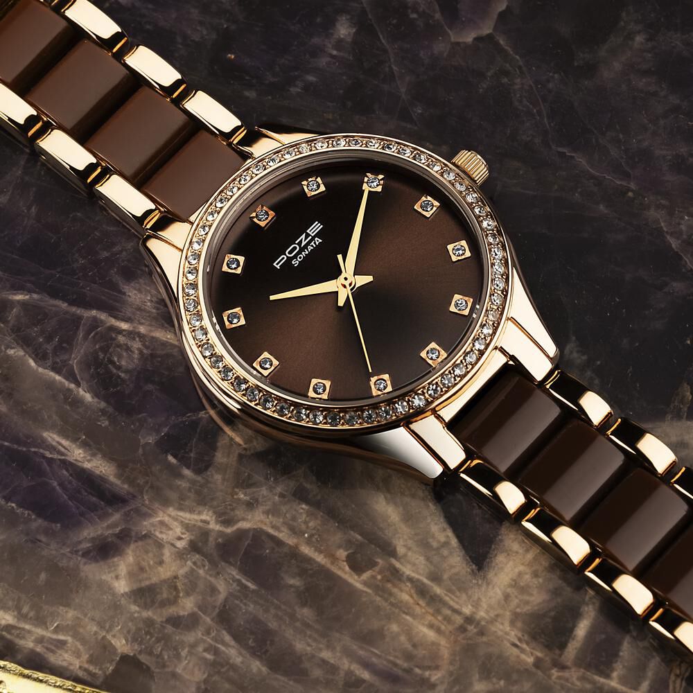 Sonata Poze Quartz Analog Brown Dial Metal & Plastic Strap Watch for Women