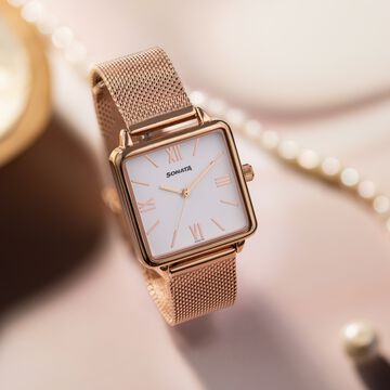 Sonata Quartz Analog White Dial Rose Gold Stainless Steel Strap Watch For Women