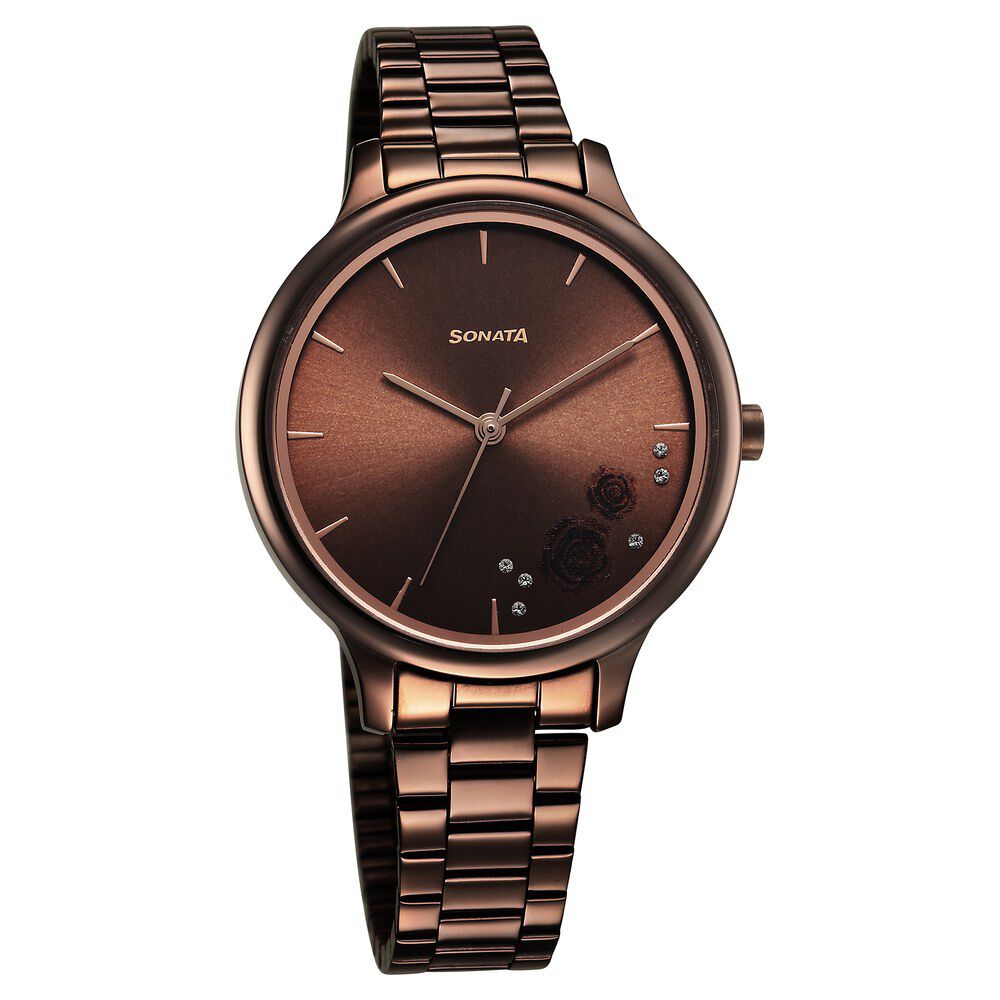 Buy Online Sonata Blush Quartz Analog Brown dial Stainless Steel Strap Watch for Women 87050qm01 Sonata