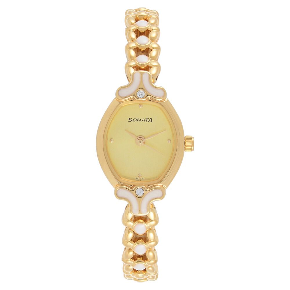 Buy Online Sonata Quartz Analog Champagne Dial Metal Strap Watch for Women ns8073ym01 Sonata