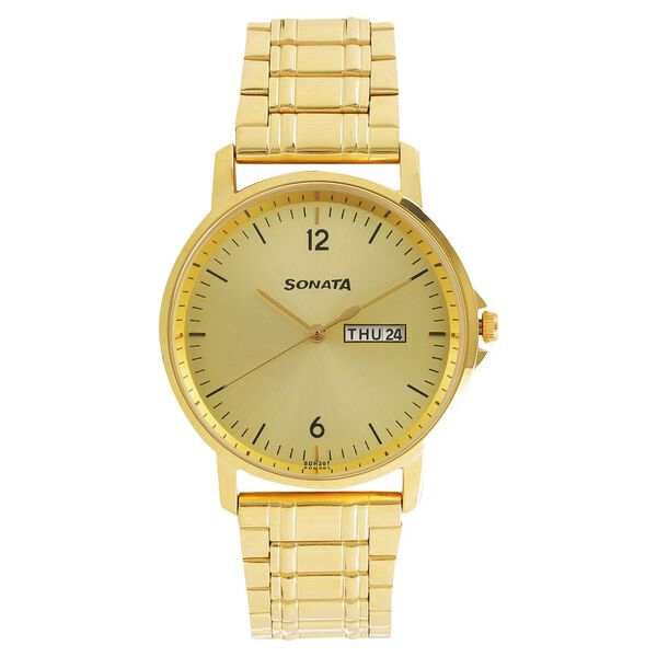 Sonata Quartz Analog with Day and Date Champagne Dial Stainless Steel Strap Watch for Men - image number 0