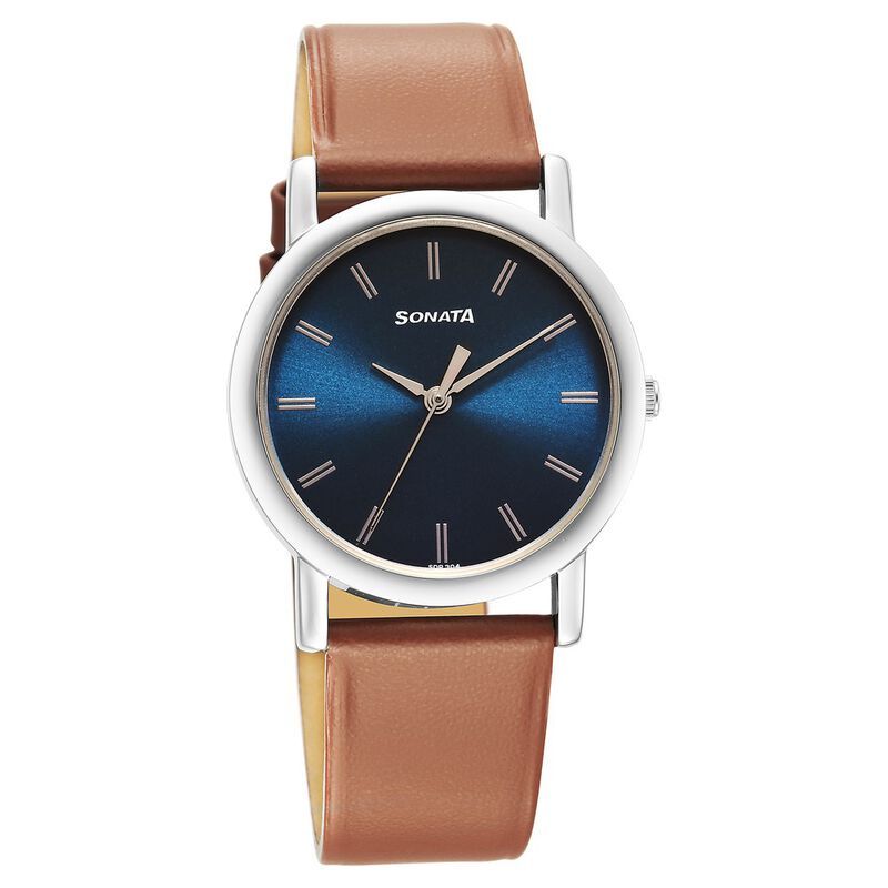 Sonata Classic Quartz Analog Blue Dial Brown Leather Strap Watch for Men