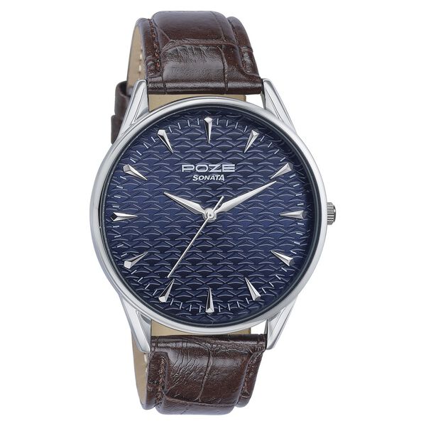 Sonata Poze Quartz Analog Blue Dial Brown Color Leather Strap Watch For Men - image number 2