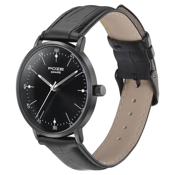 Sonata Poze Quartz Analog Black Dial Leather Strap Watch for Men - image number 3