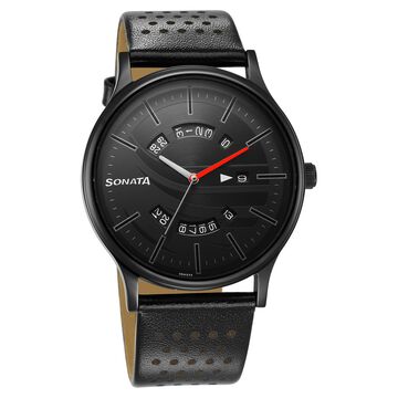 Sonata RPM Black Dial Leather Strap Watch for Men