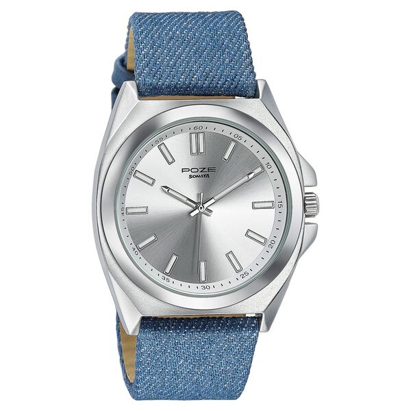 Sonata Poze Quartz Analog Silver Dial Blue Denim Leather Strap Watch For Men - image number 2