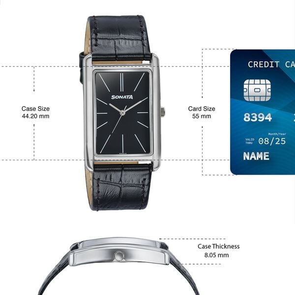Sonata Ascent Black Rectangular Watch with Black Leather - image number 3