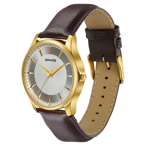 Sonata Traditional Essentials Silver Dial, Gold tone case Burgundy Genuine Leather Strap Watch - image number 2