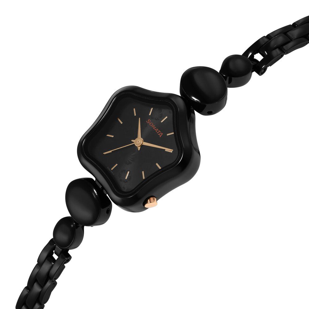 Sonata Utsav Black Dial Black Bi Metal Strap Watch for Women