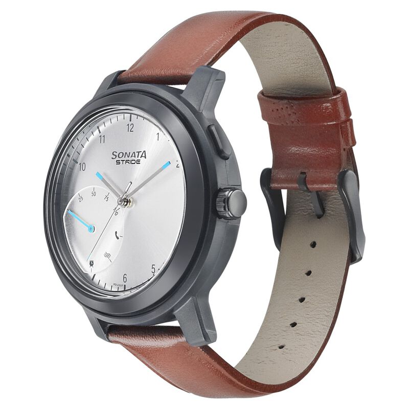 Buy Online Sonata Stride Smart Silver Dial Leather Strap Watch for - Main Image