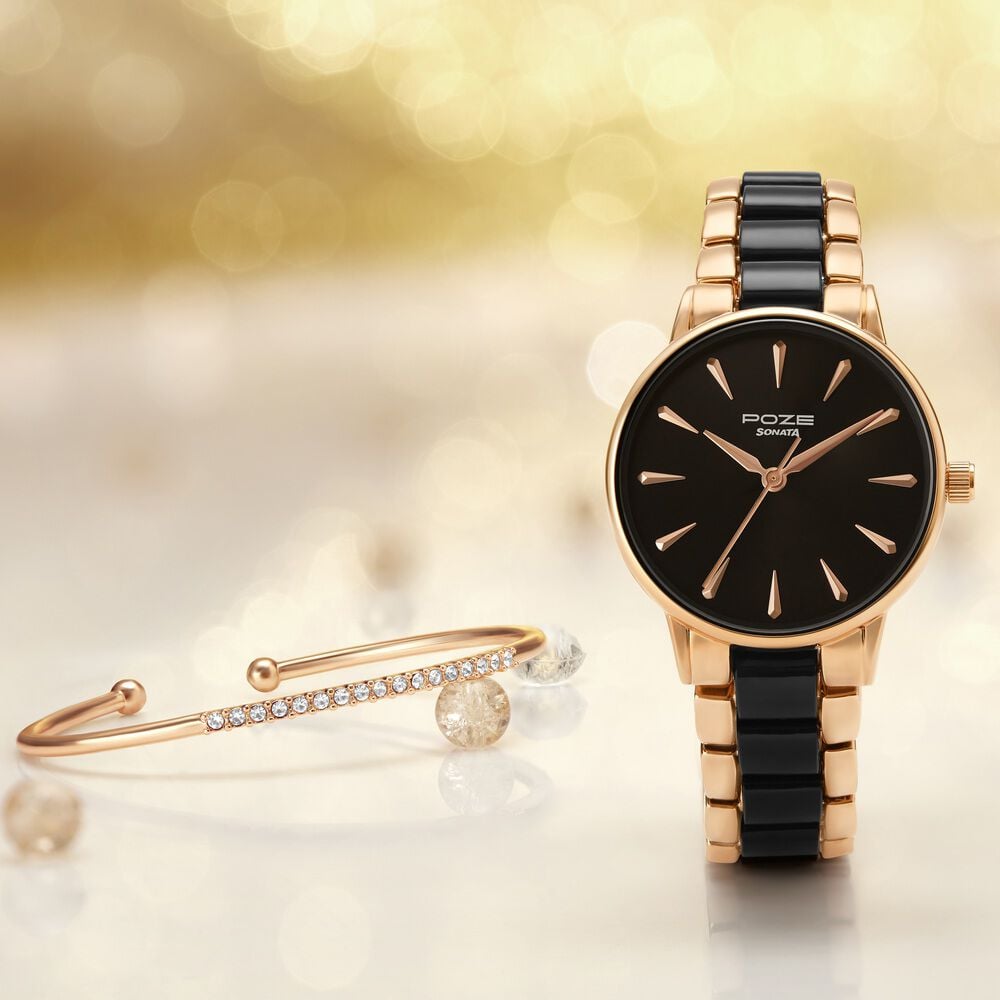 Buy Online Sonata Poze Quartz Analog Black Dial Black Rose Gold Color Metal With Crystal Strap Watch For Women sp80076kd02wf Sonata