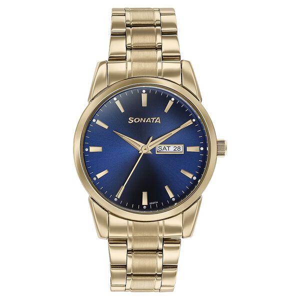 Sonata Quartz Analog with Day and Date Blue Dial Golden Stainless Steel Strap Watch For Men - image number 1