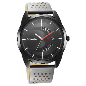 Sonata RPM Black Dial Leather Strap Watch for Men