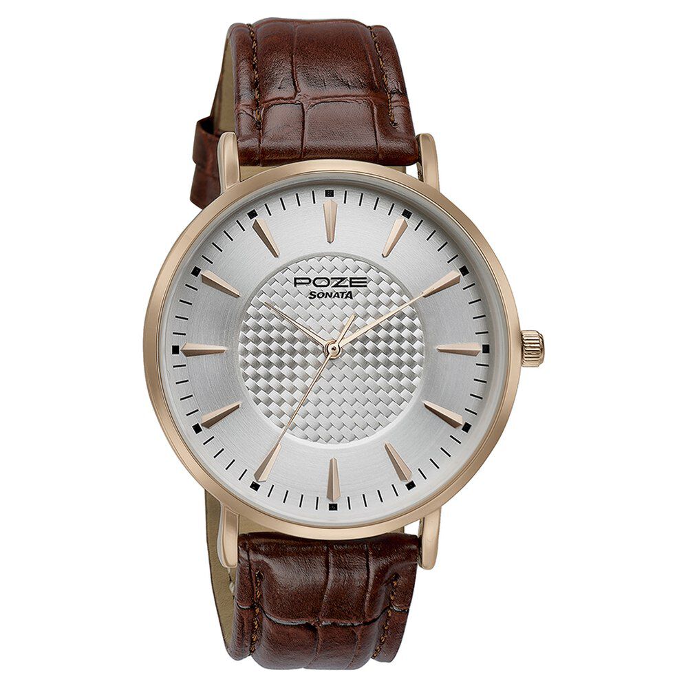 Buy Online Sonata Poze Quartz Analog Silver Dial Leather Strap Watch for Men sp70023wl01w p Sonata
