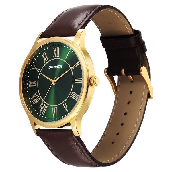 Sonata Traditional Essentials Quartz Analog Green Dial Brown Leather Strap Watch For Men - image number 1