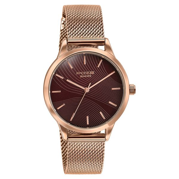 Poze By Sonata Quartz Analog Wine Red Dial Rose Gold Metal Strap Watch For Women - image number 2