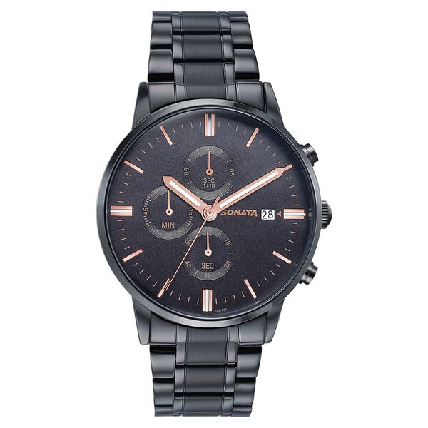 Sonata Wedding Edit Quartz Multifunction Black Dial Stainless Steel Strap Watch For Men - image number 0