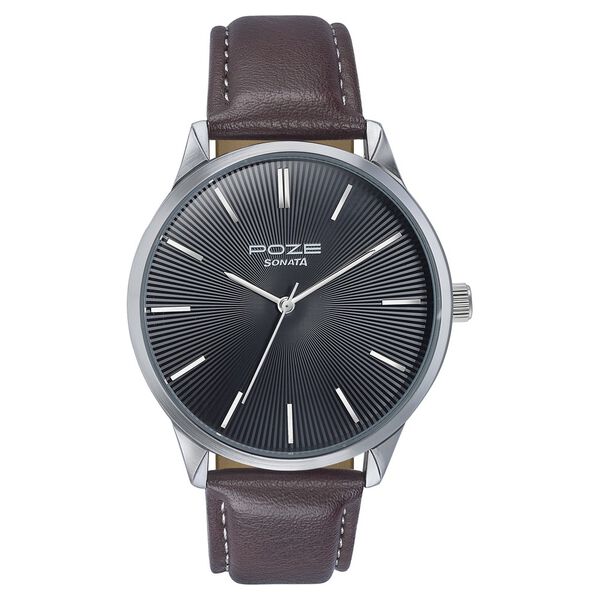 Sonata Poze Quartz Analog Black Dial Brown Color Leather Strap Watch For Men - image number 1