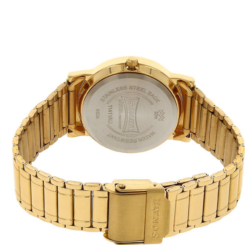 Sonata Quartz Analog with Day and Date Champagne Dial Stainless