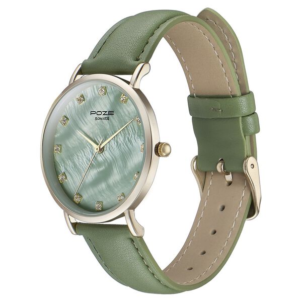 Sonata Poze Quartz Analog Green Mother Of Pearl Dial Green Color Leather Strap Watch For Women - image number 3