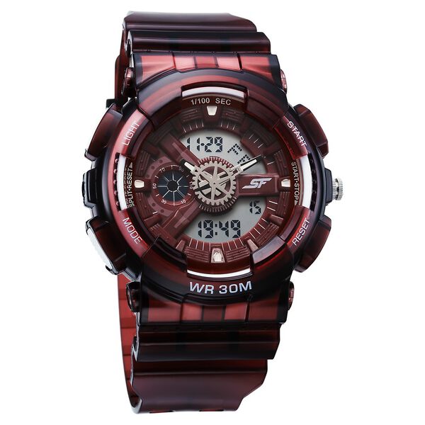 Sonata SF Spectra Quartz Digital Maroon Dial Translucent Maroon Polyether Strap Watch For Men - image number 0