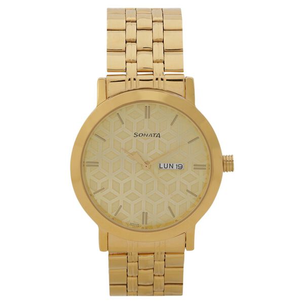 Sonata Quartz Analog with Day and Date Golden Dial Stainless Steel Strap Watch for Men - image number 1