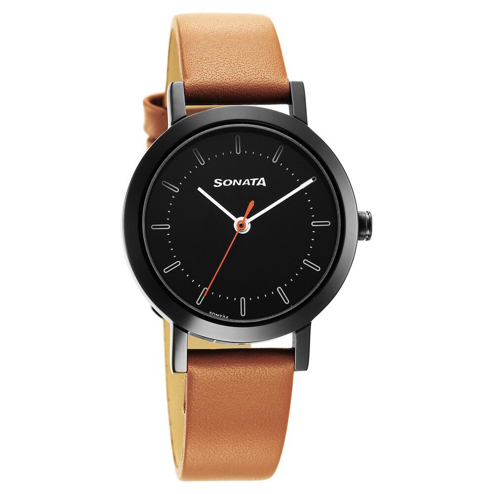 Buy Online Sonata Essentials Black Dial Leather Strap Watch for Women ns8174nl03 Sonata