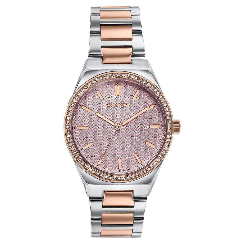 Sonata Jashn Quartz Analog Pink Dial Two Toned Metal Strap Watch For Women-image-30